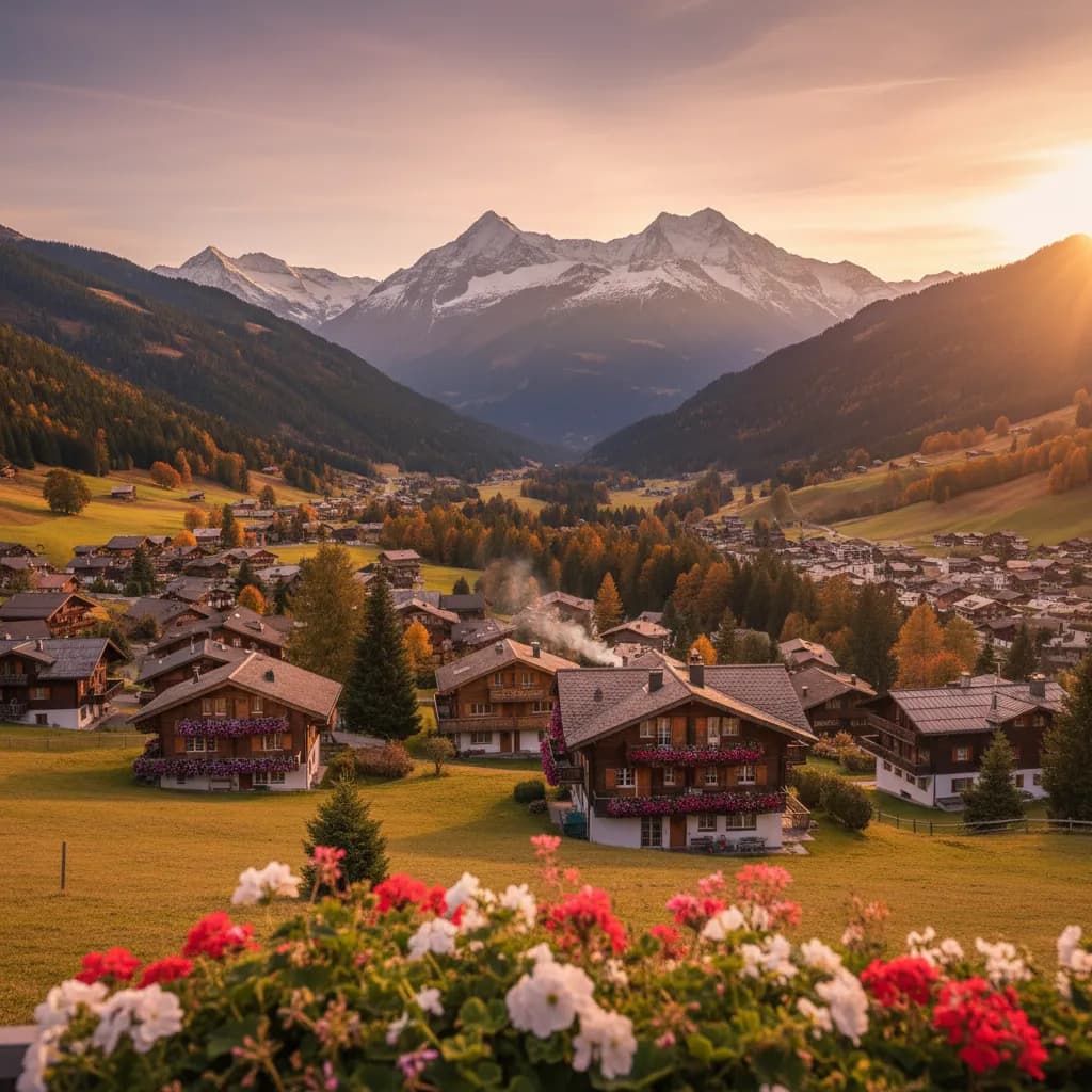 Gstaad Alpine valley at sunset